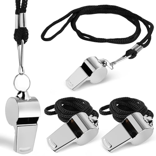 Guirnd Coach Whistle 4P Stainless Steel Coaches Whistle with Lanyard Loud Crisp Sound Sport Metal Whistles for Adults Referees Officials Emergency Outdoor