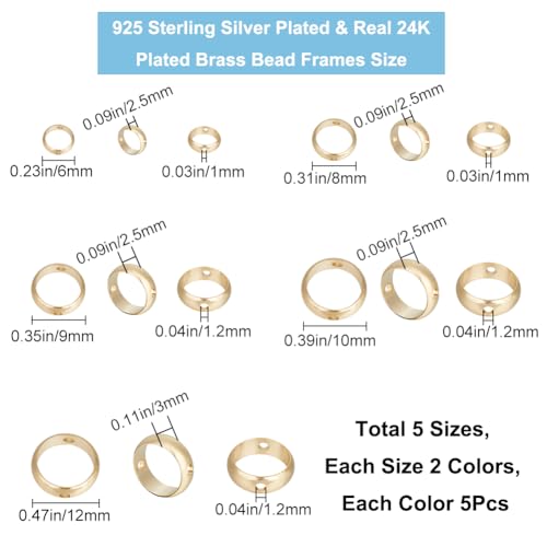 CREATCABIN 50Pcs/Box 24K Gold Plated Circle Round Bead Frame 2 Colors 2 Hole Spacer Brass Connector Ring 925 Sterling Silver Plated for Beading Earring Bracelet Necklace Jewelry Making 6/8/9/10/12mm