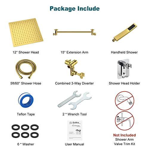Hotqing 12 Inch All Metal Rain Shower Head With Handheld, High Pressure Dual Shower Head Combo With 15 Inch Adjustable Extension Arm, Shower Hose, 3-Way Diverter - Height/Angle Adjustable - Gold #TOP5