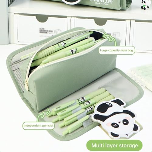 Image of Canvas School Bag Pencil Case, 3 Layer 6 Compartment Large Capacity, Aesthetic Pencil Pouch for Stationary, Cute Stationery for Kids, Pencil Case for Girls & Boys (Panda Side - Green)