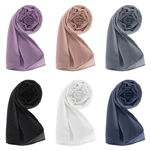 MeOuXvf 6 Pack Hijab Scarf for Women Muslim Scarf for Women, Soft Head Wrap for Daily Wear and Modest Fashion Chiffon Solid Color Lightweight Long Shawl
