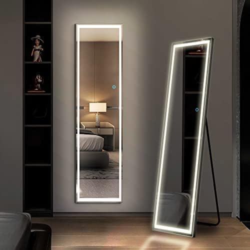LVSOMT Full Length Mirror with LED Lights, Free Standing Floor Mirror, Full Body Lighted Mirror, Wall Mounted Hanging Mirror w/Dimming & 3 Color Lighting for Bedroom (63"x16", Black)