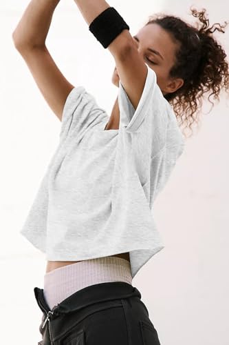 Image of HUGOOME Womens Oversized Workout Crop Top Casual Short Sleeve Boxy Roll Hem | Basic Half Split Sleeve Drop Shoulder Loose Yoga Running Gym Tee Cropped T-shirt Solid Trendy Relaxed Daily Tee