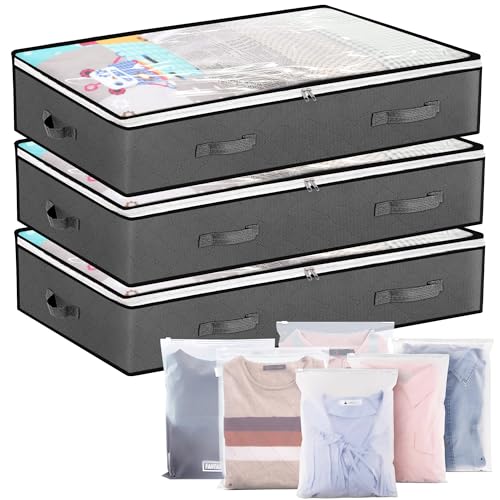 YORFULL Underbed Storage Bag- 3Pack Large Under Bed Storage Box with 6x Bonus Large Zip lock Bags Clothes storage boxes with lid & PVC Window for Clothes, Duvets, Comforters, Blanket, Bedding