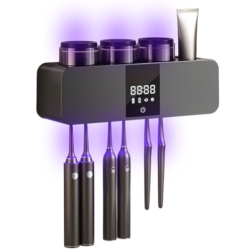 Soporte para cepillo de dientes eléctrico montado en la pared, desinfectante y soporte con dispensador de pasta de dientes de luz UV y organizador inteligente de cepillos de dientes de 3 tazas para