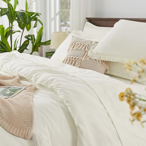 Image of Andency California King Size Comforter Set with Sheets Ivory - 7 Pieces Cal King Bed in a Bag Boho Bedding Sets, Ivory Bed Set with Comforter, Sheets, Pillowcases & Shams
