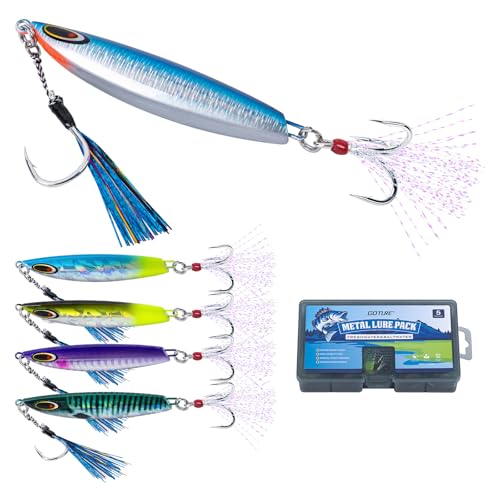 Goture Fishing Jigs Vertical Jig Saltwater Freshwater Jig Lures with Assist Hook and Treble Hook 5PCS 50g Jigging Spoon Lures with Tackle Box Fishing Jigs for Tuna Salmon Bass
