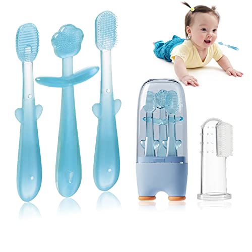 Image of FOKiiBO Baby Silicone Toothbrush Set, Toothbrush + Tongue Brush + Baby Teether + Finger Toothbrush with Cup for Training Teething, 0-18M Infant Toddler Newborn Baby Teeth Brushes (Blue)