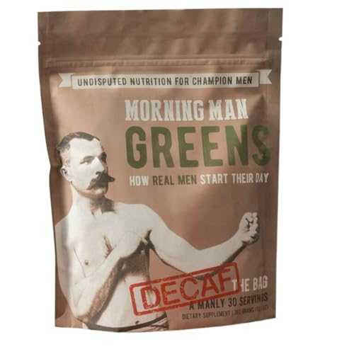 Image of MORNING MAN Greens Powder Decaf, Probiotic Superfood Smoothie Mix with Digestive Enzymes for Gut Health, 75+ Vitamins, 43 Real Whole Foods, Gluten Free, Vegan, Caffeine Free, Non GMO, 30 Servings