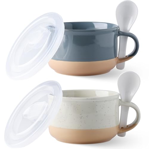 GBhome Ceramic Soup Mugs with Handles and Lids 24 OZ Soup Cups Set of 2 with Terracotta Underside Mug Bowls with Spoon for Soup/Cereal/Salad/Noodles/Ramen/Microware &Dishwasher Safe-Grey&Beige
