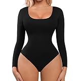 FeelinGirl Long Sleeve Bodysuit Thong for Women Shapewear Tummy Control Lower Belly Tops for Going Out Black 3XL