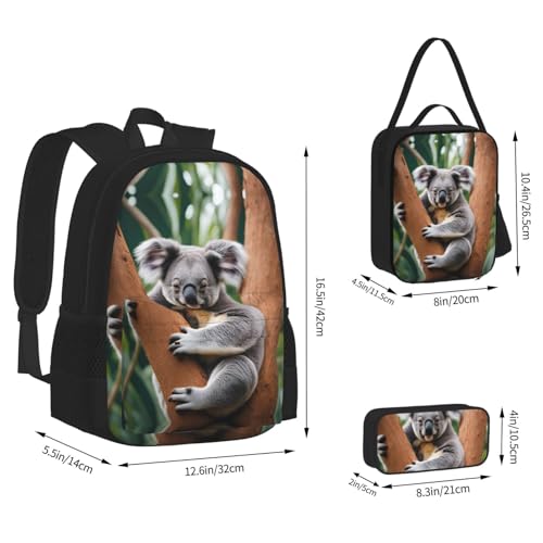 Hugging Tree Koala Print 3 Piece Set Backpack, Lunch Bag, Pencil Case, Cute Sturdy For College And Travel4