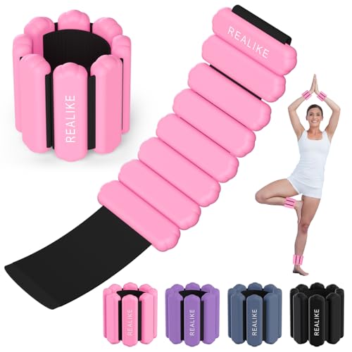 REALIKE Wrist Weights Ankle Weights for Women, Wearable Arm & Leg Weights Set of 2 (1LB Each) Adjustable Silicone Workout Ankle Weights for Walking, Yoga, Pilates, Aerobics, Gym