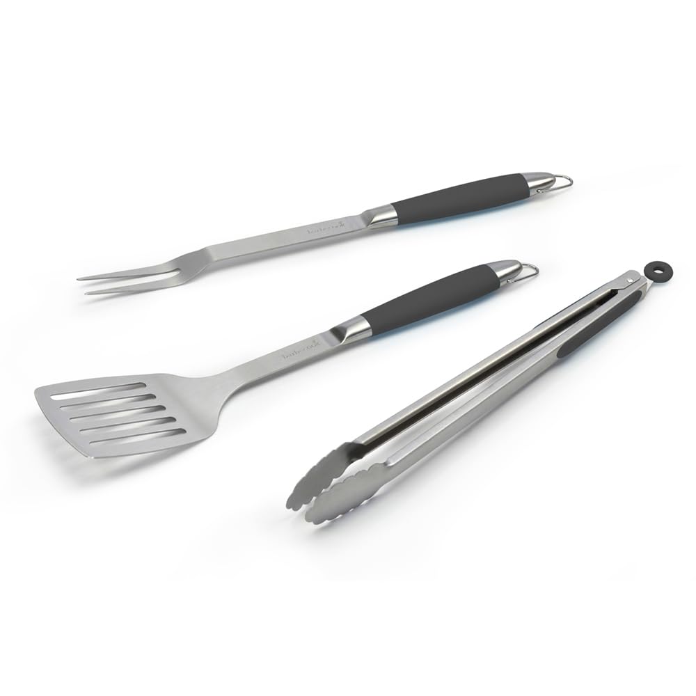 Barbecook Black Pepper Standard 3-teiliges Grillset mit Spatel, Gabel und Zange, Grillzubehör aus schwarzem Edelstahl, 43cm