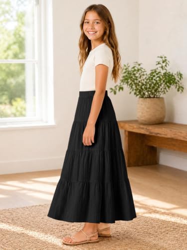 Image of Girls Tiered Maxi Skirt Boho Flowy Peasant Long Skirt for Kid 7-14