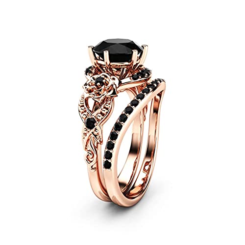 Sunargi 3 Ct Round Cut Onyx Black Diamond Flower Design Bridal Wedding Ring Set For Women In 925 Sterling Silver 14K Rose Gold Finish Rhodium Plated (11) #TOP7
