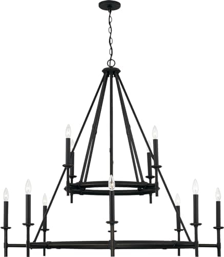 Capital Lighting 445201IH Ogden Transitional 2 Tiers Metal Ring Candle Chandelier, 12-Light 720 Total Watts, 44" H x 48" W, Brushed Black Iron