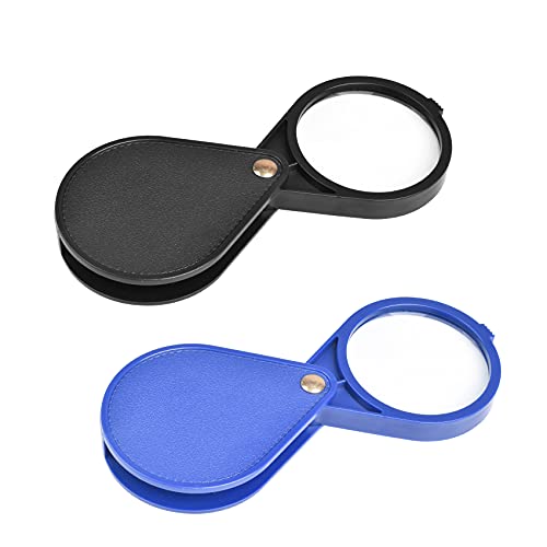 Lupa portátil, plegable de bolsillo con funda de piel protectora giratoria para leer periódico, mapa, apreciar antigüedades, examinar la placa de circuito. (negro, azul) Cover
