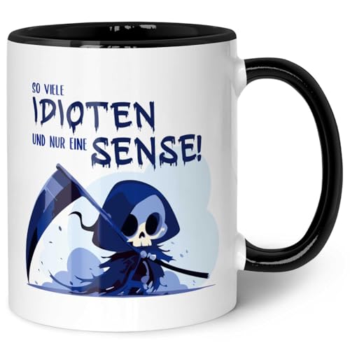 Tazza stampata con scritta in lingua tedesca "So viele Idioten und nur eine Sense - Divertente regalo - regalo per lui amico, per compleanno, San Valentino, Natale, colore nero e bianco