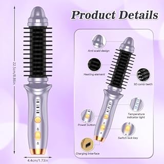 Cordless Hot Brush for Short Hair - Heated Round Curler & Thermal Curling Iron for Women, USB Mini Hair Straightener Portable Curling Brushes, Curly Straight Hair Travel Heat Styling（Purple）