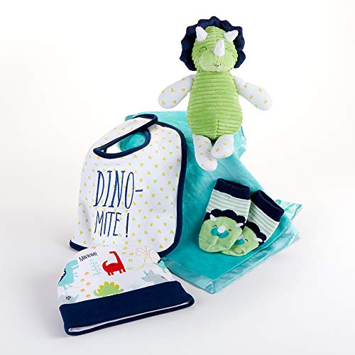 Baby Aspen Dinosaur 5Piece Welcome Home Gift Set - Triceratops Rattle Plush, Bib, Blanket, Socks & Hat, Blue, One Size #TOP2