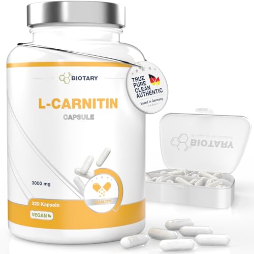 BIOTARY L-Carnitin, 320 Kapseln, 3000mg Tagesportion, 3 Monatsvorrat, inklusive Pillenbox, L-Carnitine hochdosiert Kapseln, 100% Vegan
