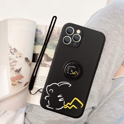 IPhone 12用 携帯ケース, リング付き, ストラップ付き, 耐衝撃 防塵 スマホカバー, ブラック, 可愛いキャラクター (IPhone 12)