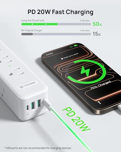 Image of TROND 360 Rotating Flat Plug Power Strip with USB PD 20W, 10FT Flat Extension Cord Surge Protector 1300J with 9 Outlets 4 USB Ports, Wall Mountable, for Home Office Travel Dorm Room Essentials, White