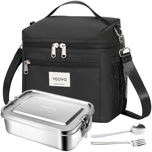 Voova Stainless Steel Lunch Box with Lunch Bag for Women Men Adult, (42oz/1200ml) Leakproof Metal Bento Box with Free Sealing, Insulated Lunch box for Work, Black