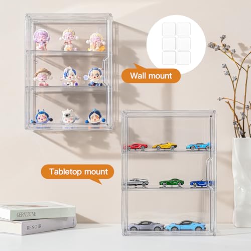 Image of 3 Tier Clear Display Case for Figures, Wall-Mounted Acrylic Storage Organizer Box, Stackable Display Cabinet with Magnetic Door & Removable Shelves, Showcase for Collectibles, Figures