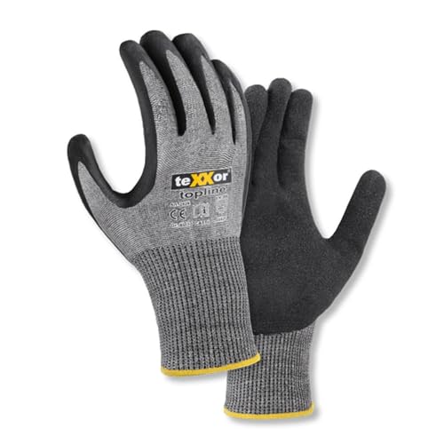 texxor 12 Stück Schnittschutz-Strickhandschuhe 2424, besandete Nitrilbeschichtung, Packung, grau-schwarz, 10/XL