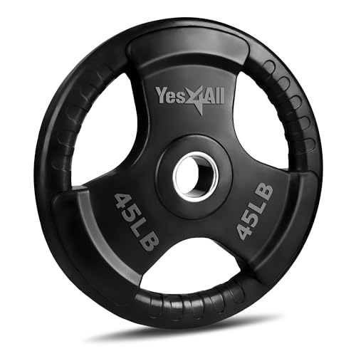 Yes4All Agarre de placa de peso recubierto de goma para levantamiento de pesas y entrenamiento de fuerza, hierro fundido, 45 libras, individual