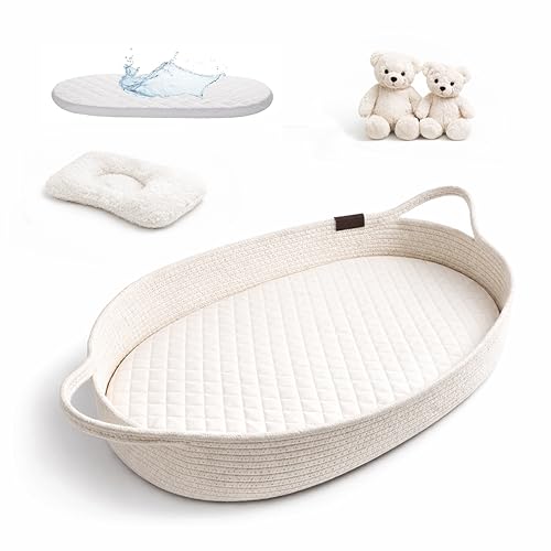 Baby Changing Basket with Waterproof Pad Premium Cotton Rope Foldable Diaper Changing Mat for Dresser & Table Breathable Moses Style Basket for Newborns Nursery Decor with Safety Belt