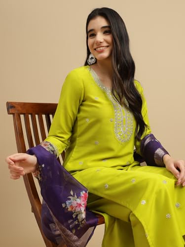 Image of J TURRITOPSIS Women's Embroidered Chinon Kurta and Pant with Dupatta Ethnic Set (414-03-XL Neon)
