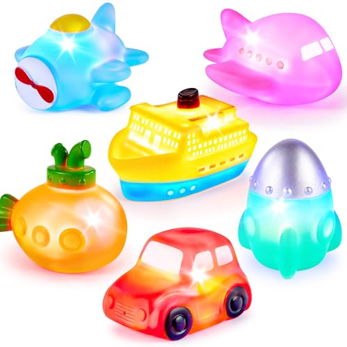 6 Packs No Hole Boat Bath Toy Set, Light up Changing Color in Water, Floating Rubber Bathtub Toys for Baby Toddler Infant Boy Girl Kid Play, Led Growing Pal in Shower Bathroom Tub or Swimming Pool