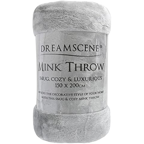 Dreamscene Luxury Faux Fur Mink Fleece Throw Over Sofa Bed Soft Warm Blanket, Silver, 150 x 200 cm, Double Cover