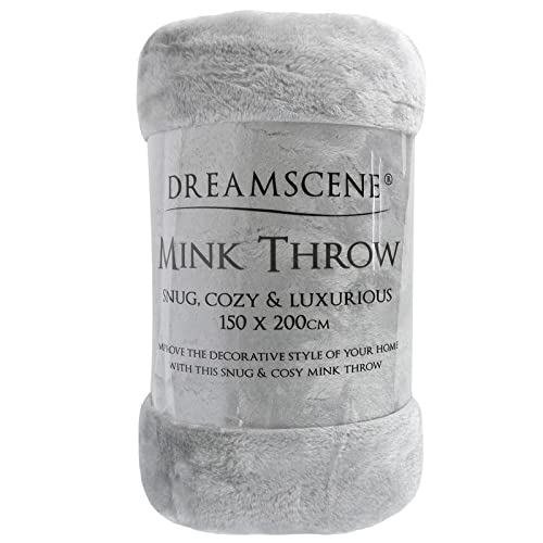 Dreamscene Double Throw for Bed, Luxury Faux Fur Mink Fleece Throw Blanket for Sofa Super Soft Warm Cosy Fluffy Silver Bedspread Lightweight Blanket, 150 x 200cm