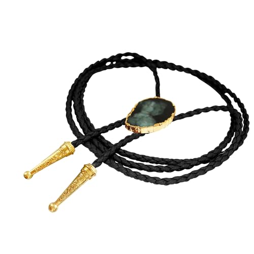 Image of Daisy Del Sol Gemstone Bolo Tie Braided Vegan Faux Leather Natural Stone Gold Handmade Necklace Adjustable Boho Western Jewelry