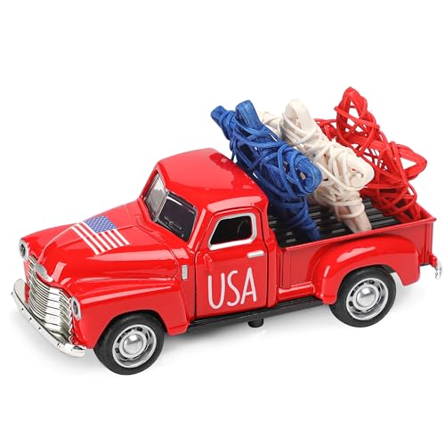 4th of July Truck Decorations - Farmhouse Metal Truck Car Decor with Stars Decorations, Patriotic Centerpieces for Tables - Lndependence Day Memorial Day Red White and Blue Tiered Tray Decor