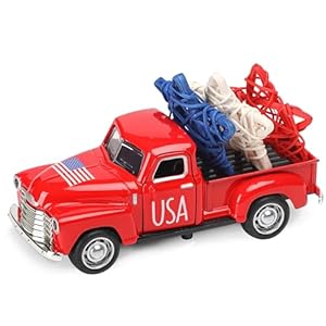 4th of July Truck Decorations – Farmhouse Metal Truck Car Decor with Stars Decorations, Patriotic Centerpieces for Tables – Lndependence Day Memorial Day Red White and Blue Tiered Tray Decor
