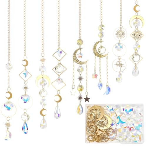 SUNNYCLUE 1 Box DIY 8 Sets Sun Catchers Kit Moon Suncatchers Gold Star Crescent Hanging Prism Suncatcher with Crystal Rainbow Maker for Windows Indoor Outdoor Home Garden Party Wedding Decor Gifts