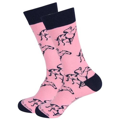 Barrel Down South Mint Julep Socks - Derby Gifts For Men - Kentucky Horse Racing - Unique Novelty Fashion Dress Sock - (Cotton Blend, Pink/Navy Horse Outline)