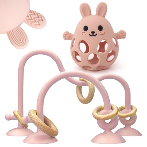 Image of Baby High Chair Suction Toys Teething Chew - Baby Teething Toys Silicone Teethers Table Toys, Food Grade Silicon for 6 12 18 Months (RPinkFPink)