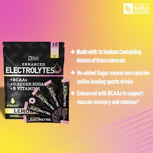 Image of Enhanced Electrolyte Powder Stick Packs (Lemon Berry | 20 Packets) w / 0 Sugar +BCAAs +B-Vitamins Electrolyte Supplement w Potassium Zinc & Magnesium for Hydration - Keto Electrolytes