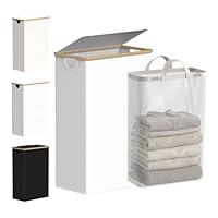 efluky Slim Laundry Basket with Lid, Tall Narrow Washing Basket for Laundry, Folding Small Slimline Laundry Baskets for Dirty Clothes, 63L Cloth Storage Basket white