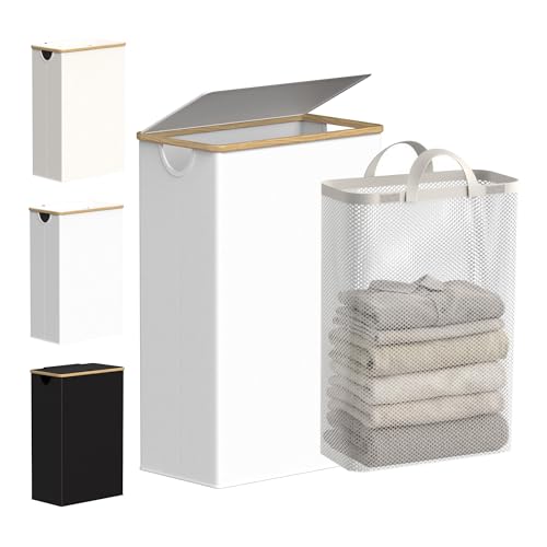 efluky Slim Laundry Basket with Lid, Tall Narrow Washing Basket for Laundry, Folding Small Slimline Laundry Baskets for Dirty Clothes, 63L Cloth Storage Basket white