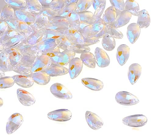 Beadthoven 100pcs Teardrop Glass Beads Clear Faceted Dorp Crystal Beads Top Drilled Dangle Pendants for Jwewelry Making Chandelier Home Hanging Decor, Hole: 1mm