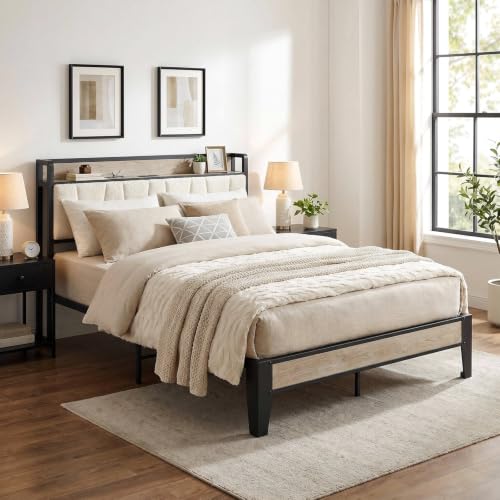 Image of LIKIMIO Full Bed Frames, Boucle Storage Headboard with Charging Station, Solid and Stable, Noise Free, No Box Spring Needed, Easy Assembly