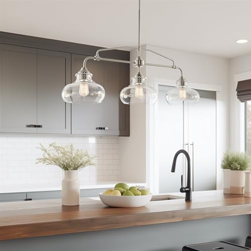 Kira Home Harlow 38" Modern Industrial Farmhouse/Schoolhouse 3-Light Island Light with Clear Glass Shades, Adjustable Hanging Height, Brushed Nickel Finish - Image 6