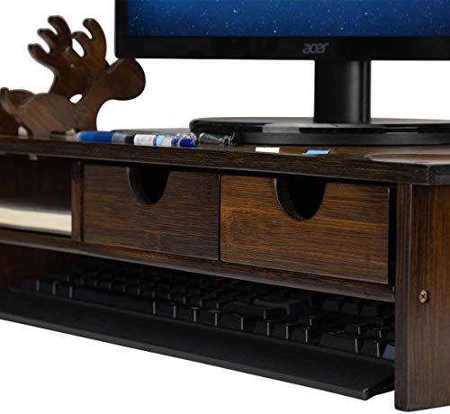 Abocofur Bamboo 2-Tier Monitor Stand Riser With Storage Drawers, Office&Home Shelf Organizer With Laptop Desktop Cellphone Printer Stand, 21.06"(L) X9.06(W) X5.43(H), Antique Brown #TOP5
